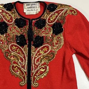 Vtg Don Sayers For Wellmore Sweater Sz 8 Wool Blend Zip Up Sequin Bead Cardigan